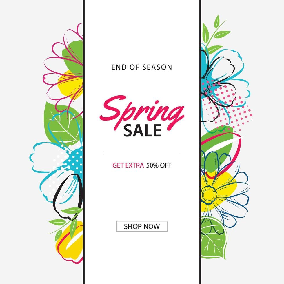 modèle d'affiche de vente de printemps avec fond de fleurs colorées. peut être utilisé pour un bon, un papier peint, des dépliants, une invitation, une brochure, une réduction de coupon. vecteur