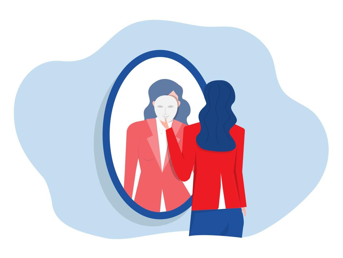 imposteur syndrome. une femme d'affaires regards dans le miroir et prend masque le sien imposteur pour anxiété et manquer de de soi confiance à travail vecteur