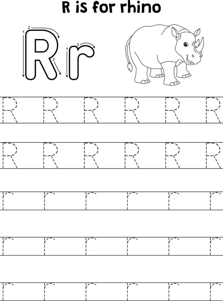 rhinocéros animal tracé lettre abc coloration page r vecteur