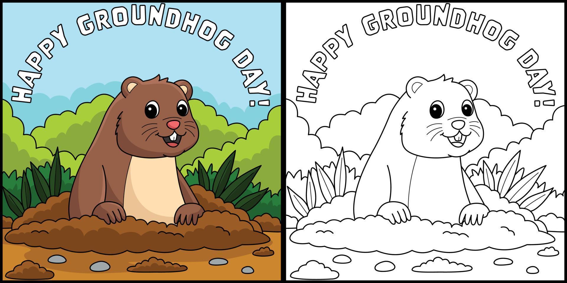 joyeux jour de la marmotte illustration de page à colorier vecteur