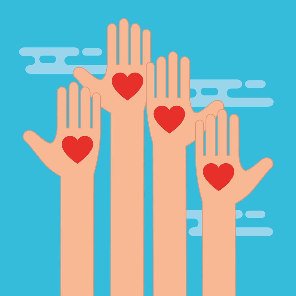 mains avec symbole de coeurs pour la charité et le don vecteur