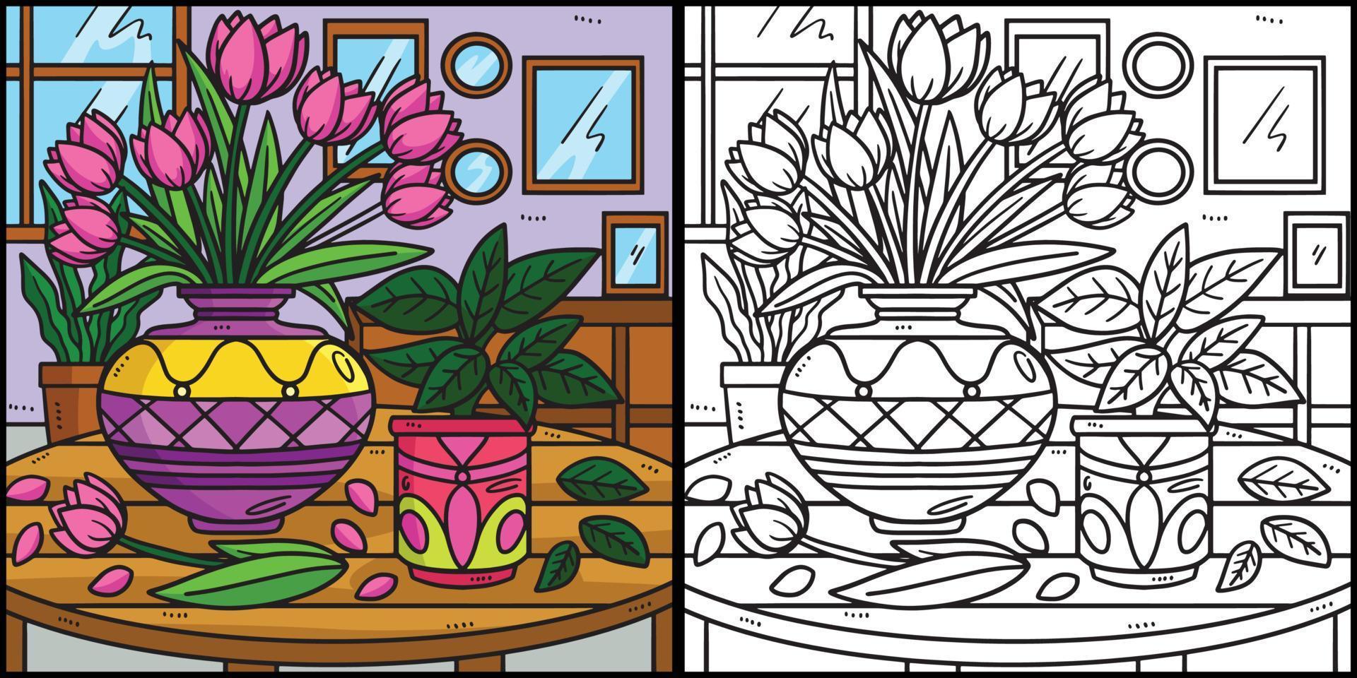 printemps fleurs dans une vase coloration illustration vecteur