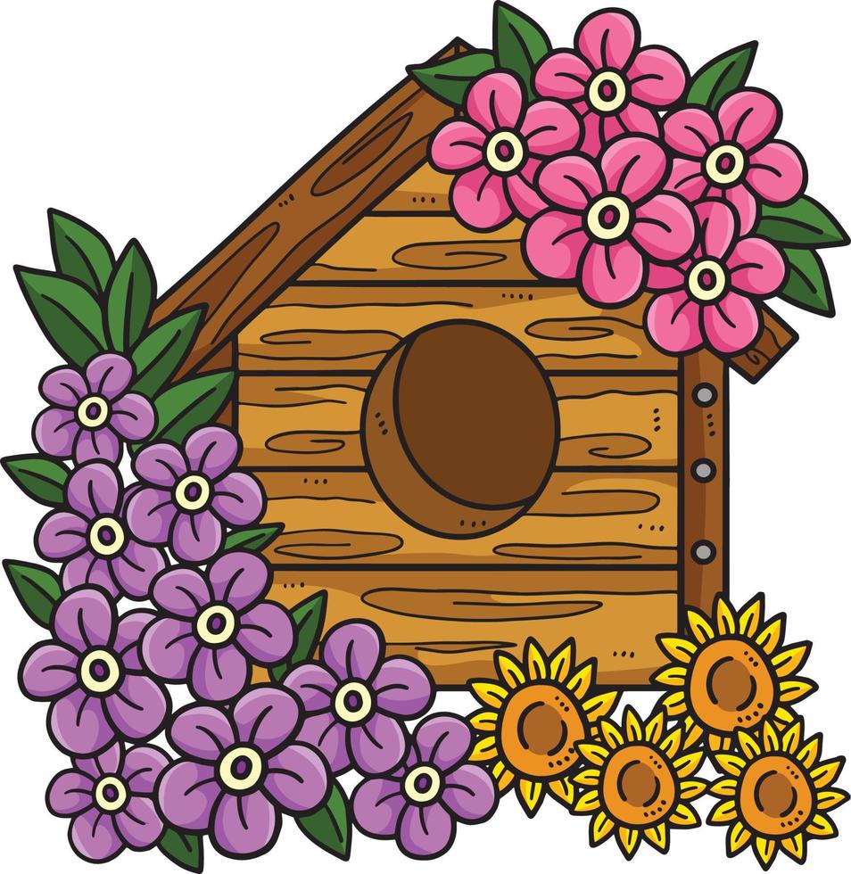 printemps oiseau maison avec fleurs dessin animé clipart vecteur