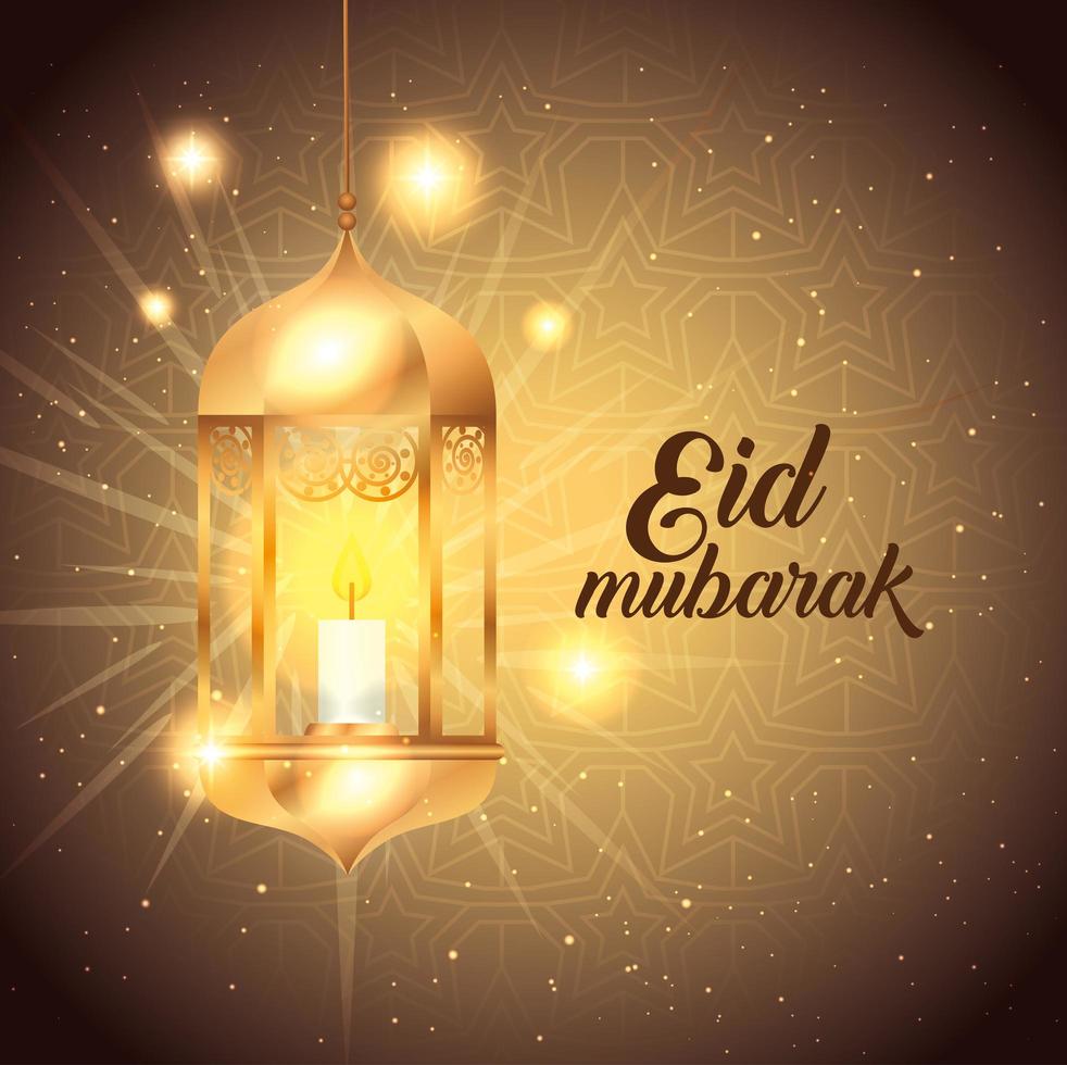 affiche eid mubarak avec lanterne suspendue et décorations vecteur
