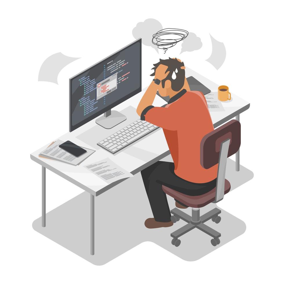 stress à travail dans lieu de travail stress crise ou travail aussi difficile plus de fois avec problème mal mental santé fois Logiciel ingénieur programmeur difficile travail se ruer illustration isométrique isolé vecteur dessin animé