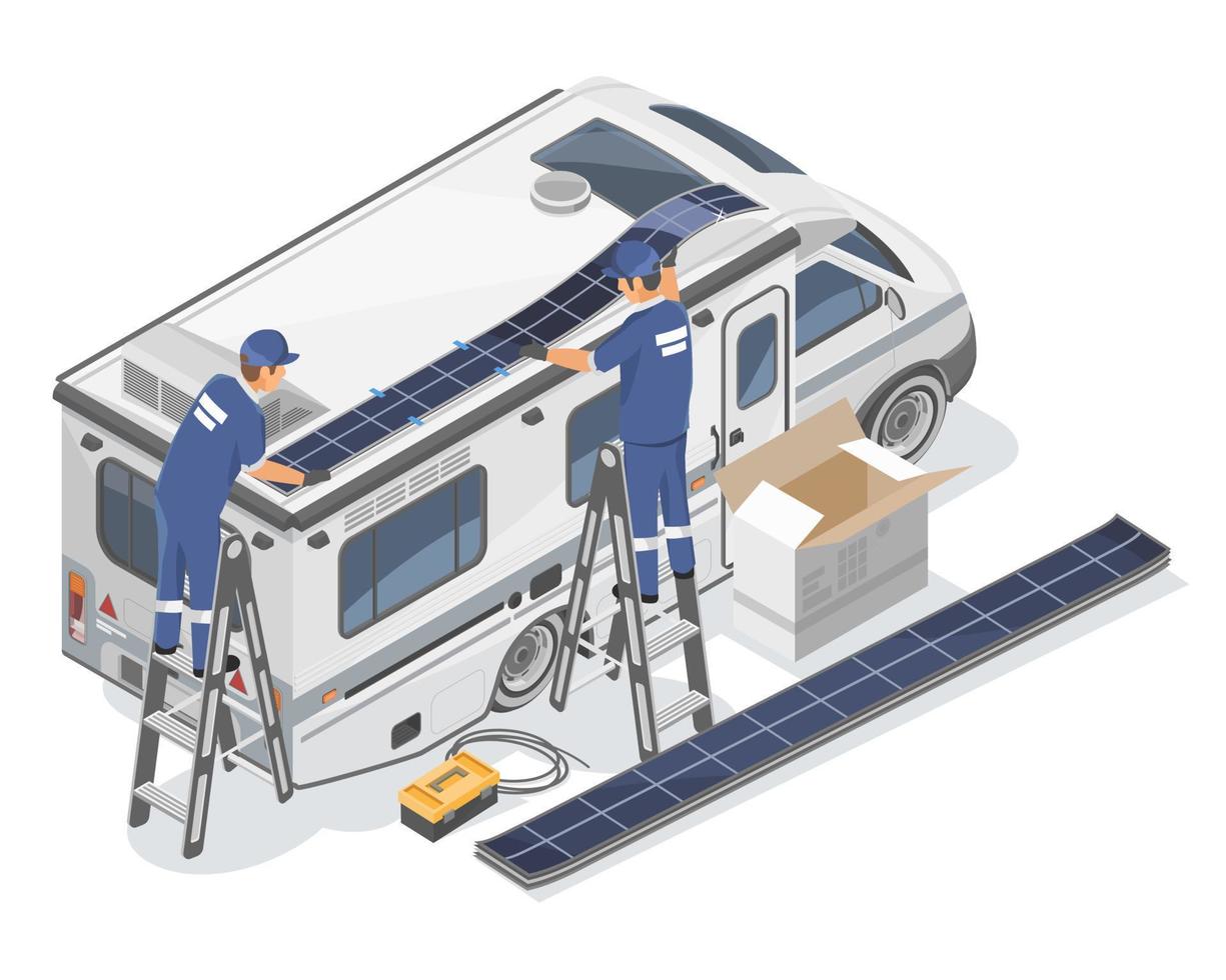 RV récréatif véhicule souple solaire panneaux film installer un service sur toit technicien installation un service illustration isométrique isolé vecteur