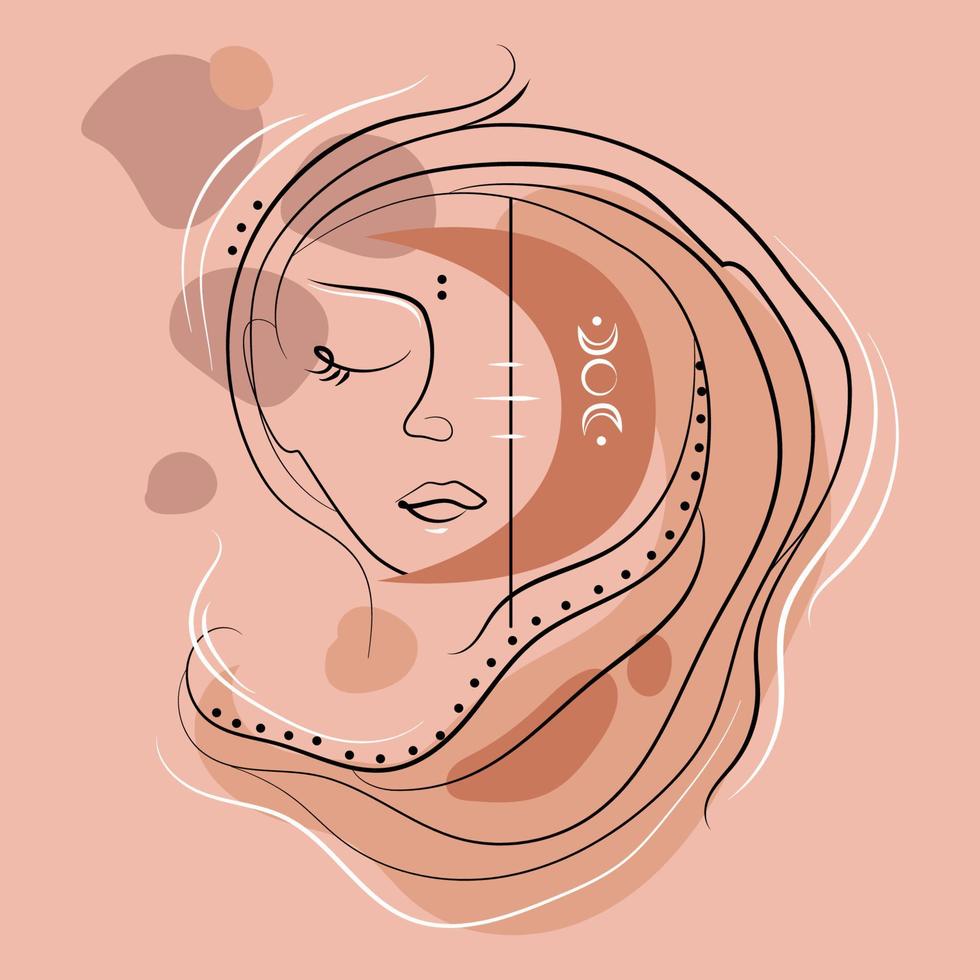 moderne ligne minimaliste femmes visage avec lune et abstrait formes vecteur illustration.magique occulte image de femme dans branché minimal art doublure style, emblème, icône, logo, brochure couverture conception