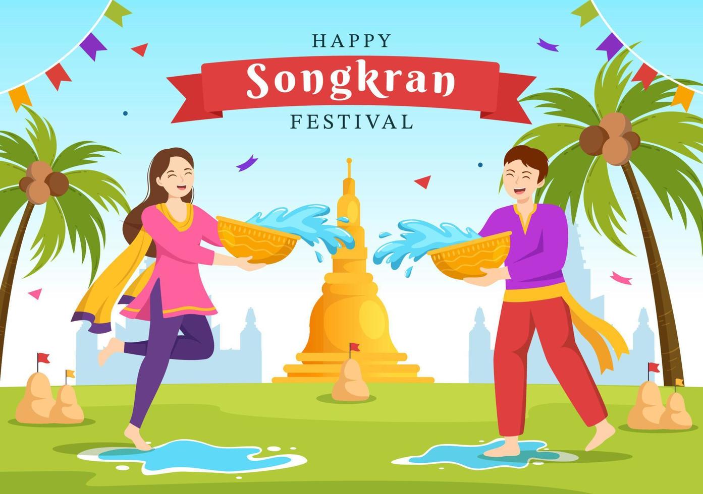 content Songkran Festival journée illustration avec en jouant l'eau pistolet dans Thaïlande fête dans plat dessin animé main tiré pour atterrissage page modèles vecteur