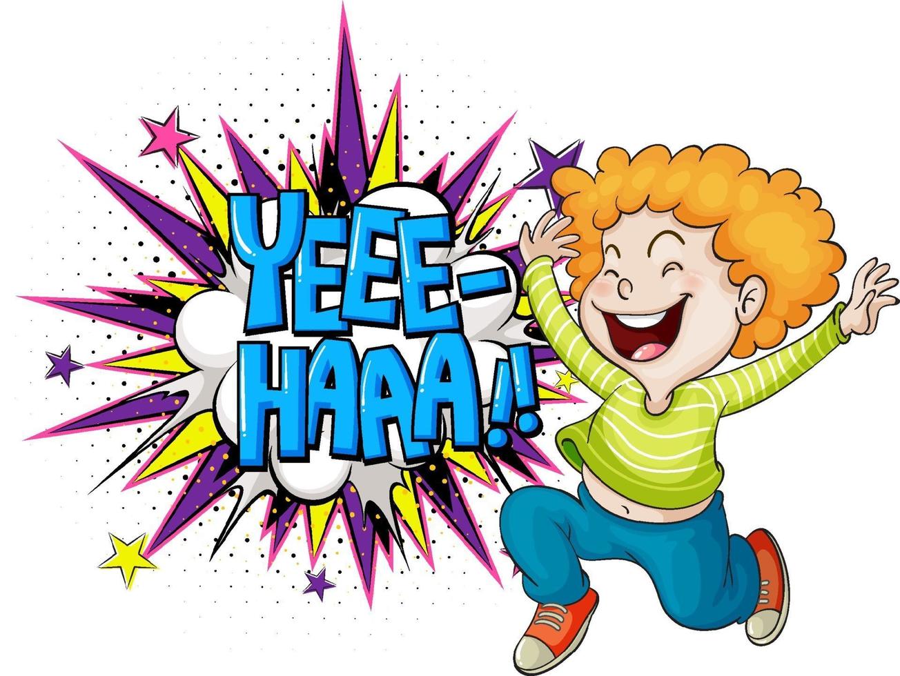 Mot de yeee-haaa sur l'explosion d'une bombe avec un personnage de dessin animé de garçon isolé vecteur