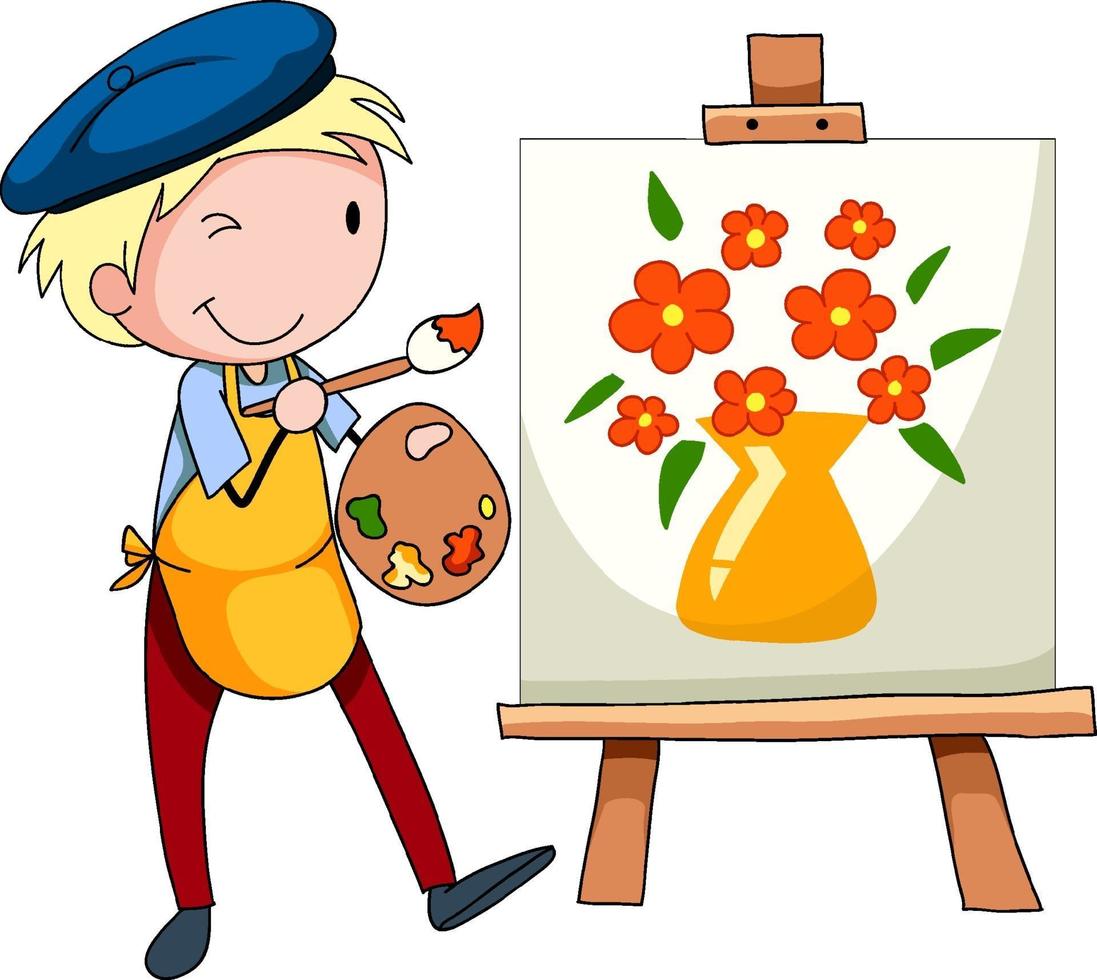 un garçon artiste dessinant le personnage de dessin animé vecteur