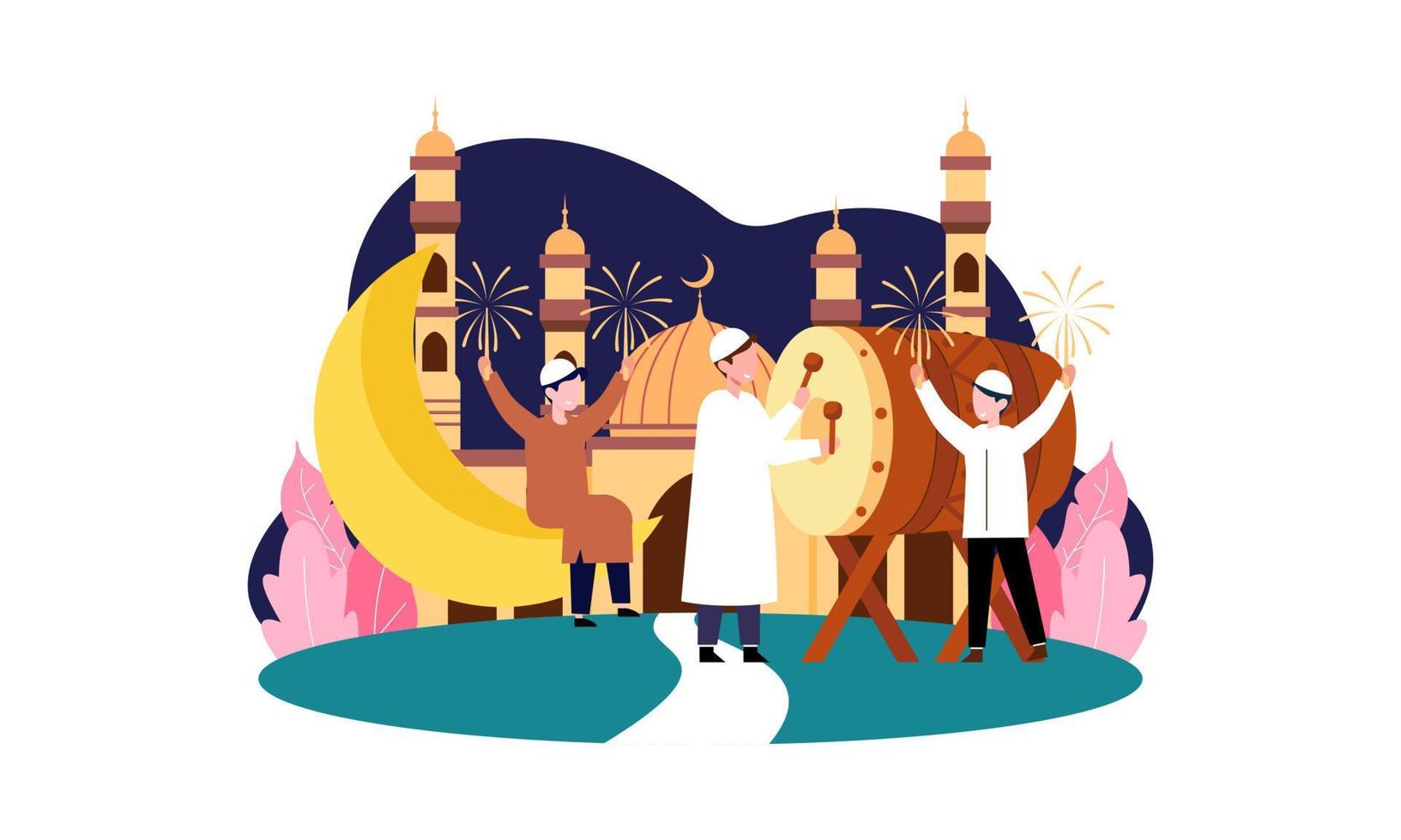 joyeux eid mubarak, concept de voeux ramadan mubarak avec illustration de personnage de personnes vecteur
