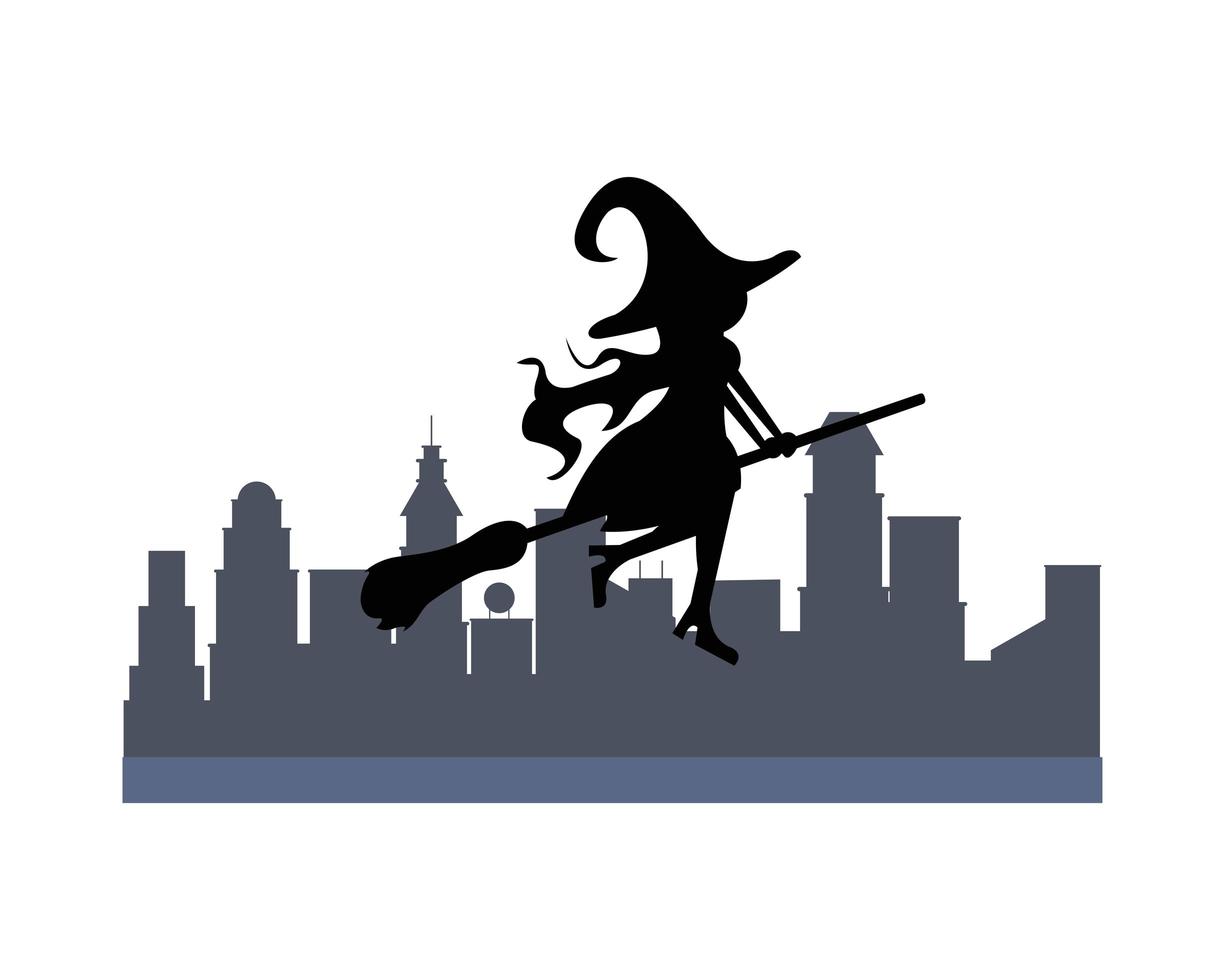 silhouette halloween sorcière volant sur balai au-dessus de la ville vecteur