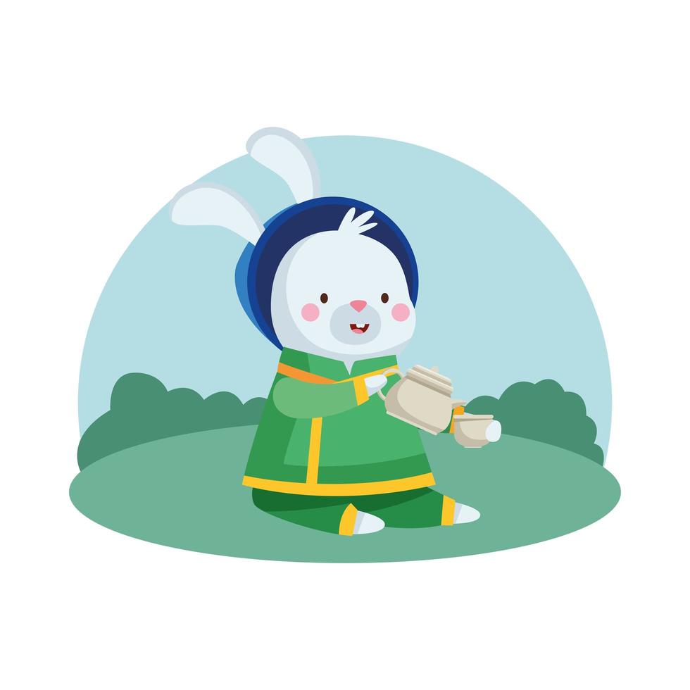 dessin animé de lapin avec des vêtements traditionnels, théière et conception de vecteur de tasse