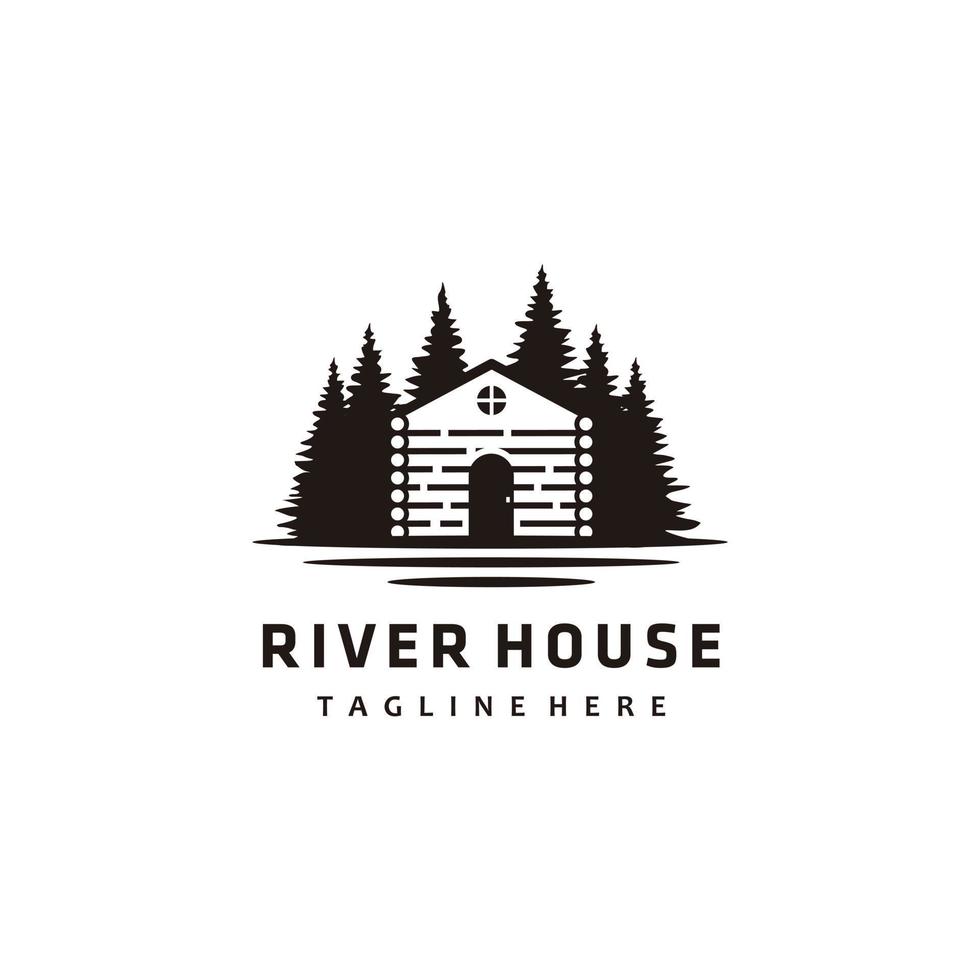 rivière bois maison et pin arbre ancien logo vecteur illustration