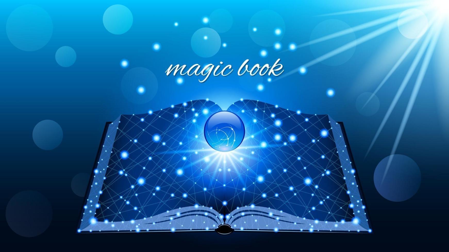 livre magique ouvert avec une boule de verre rougeoyante vecteur