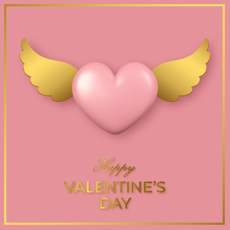content la Saint-Valentin journée salutation carte. rose 3d cœur avec d'or ailes sur rose Contexte. vecteur