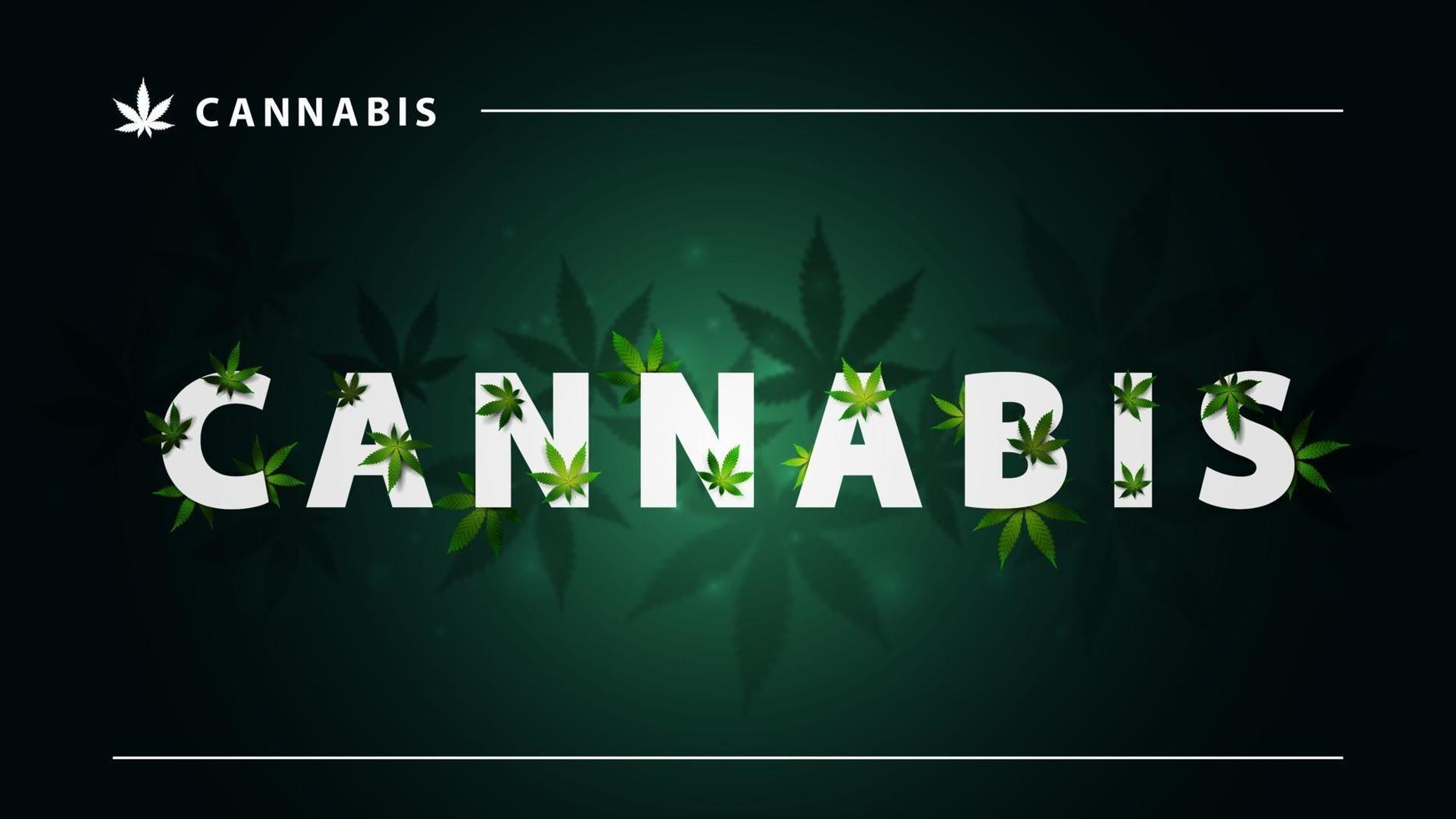cannabis, affiche verte avec grand lettrage blanc et feuilles de marijuana 3g sur fond sombre. signe de cannabis avec des feuilles vecteur