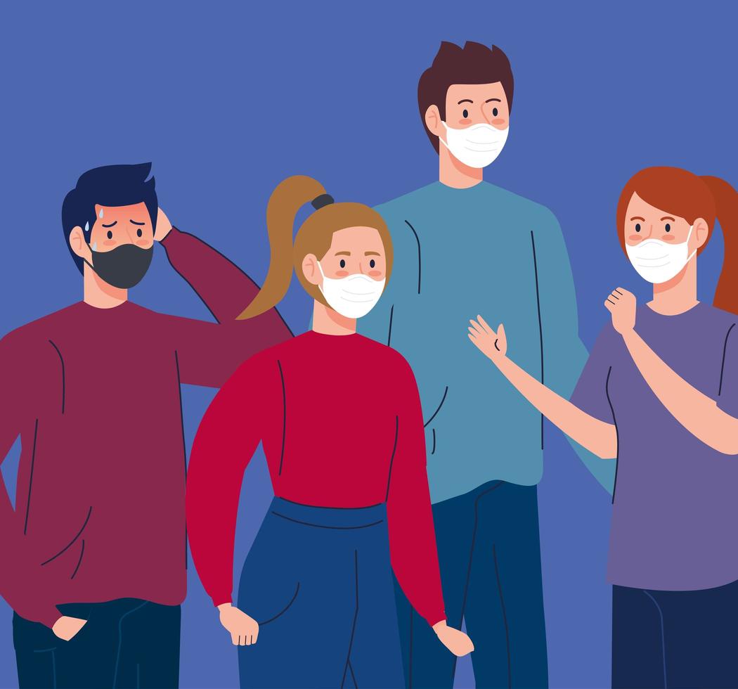 campagne de distanciation sociale contre le coronavirus avec des personnes portant des masques faciaux vecteur