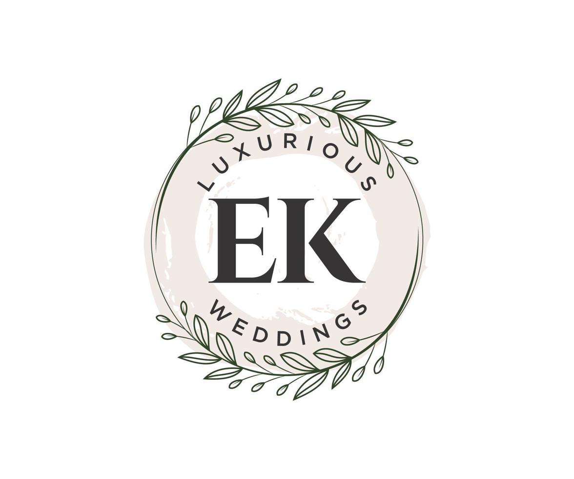 modèle de logos de monogramme de mariage lettre initiales ek, modèles minimalistes et floraux modernes dessinés à la main pour cartes d'invitation, réservez la date, identité élégante. vecteur