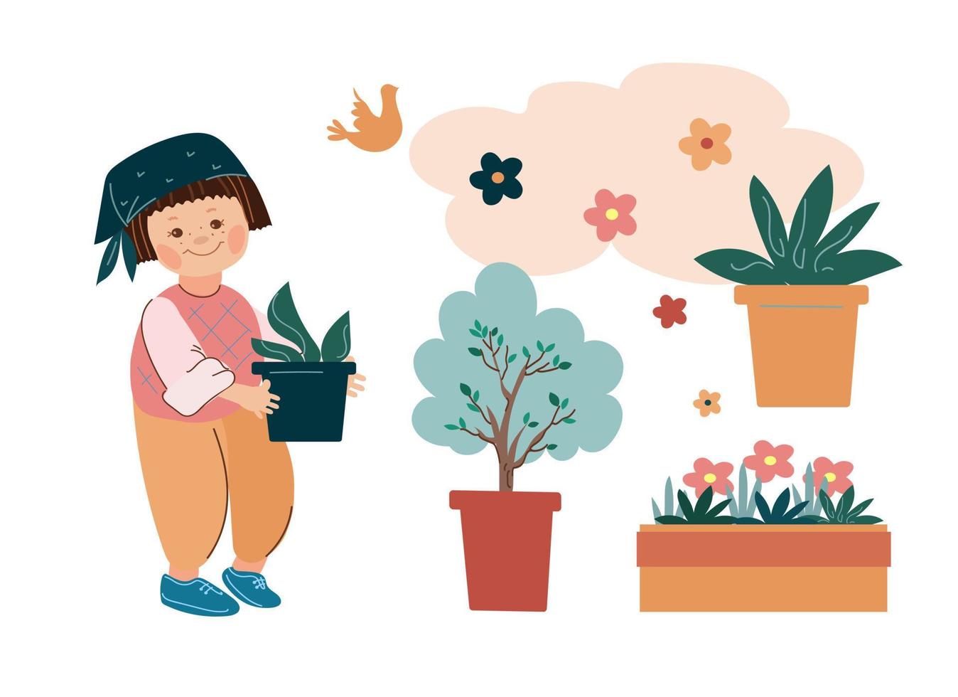 peu fille jardinier dans une chapeau et tablier détient une pot avec semis .vecteur griffonnage dessin animé illustration. vecteur