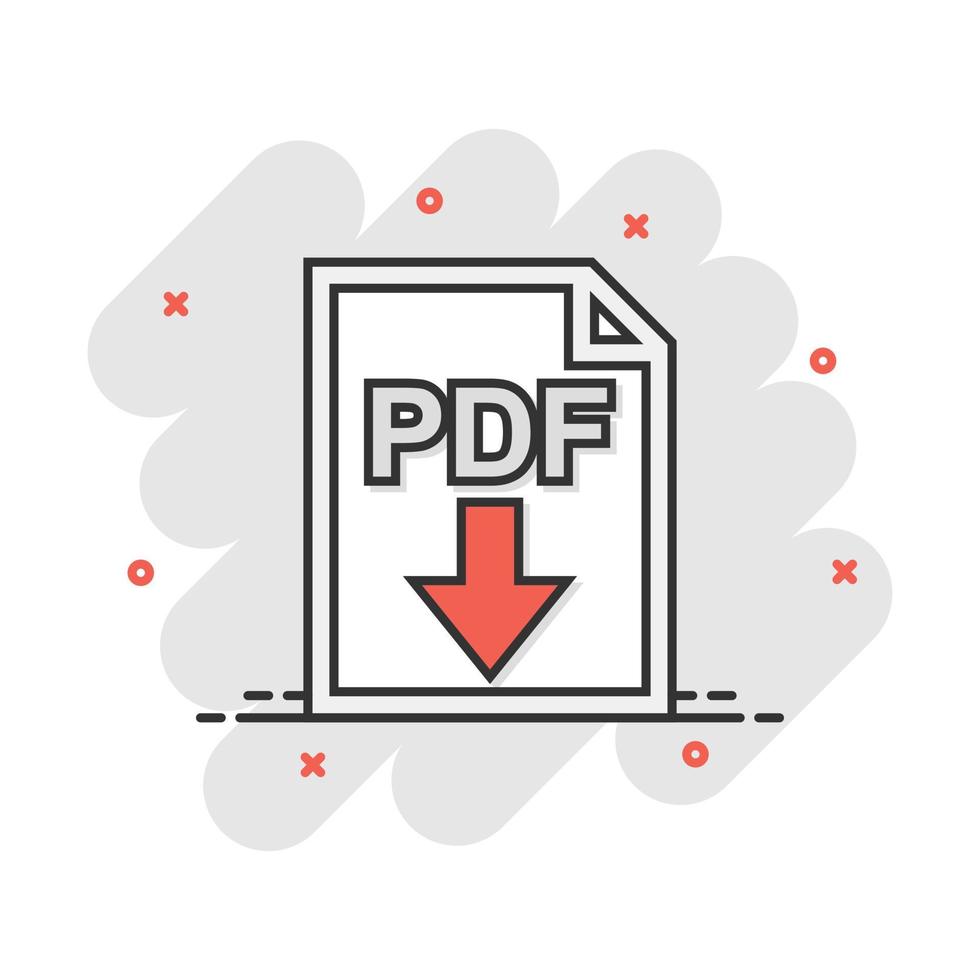 icône pdf de dessin animé dans le style comique. pictogramme d'illustration de document. signe de fichier splash business concept. vecteur