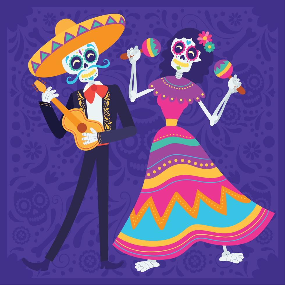 coloré paire de crâne personnages dia de los muertos affiche vecteur