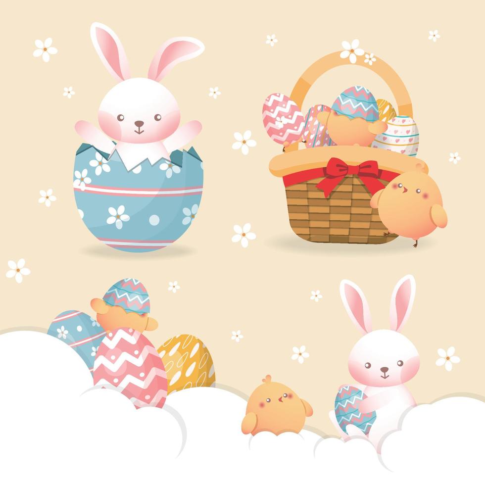 une ensemble de mignonne Pâques des illustrations avec œufs, lièvre, paniers, nids et poussins vecteur