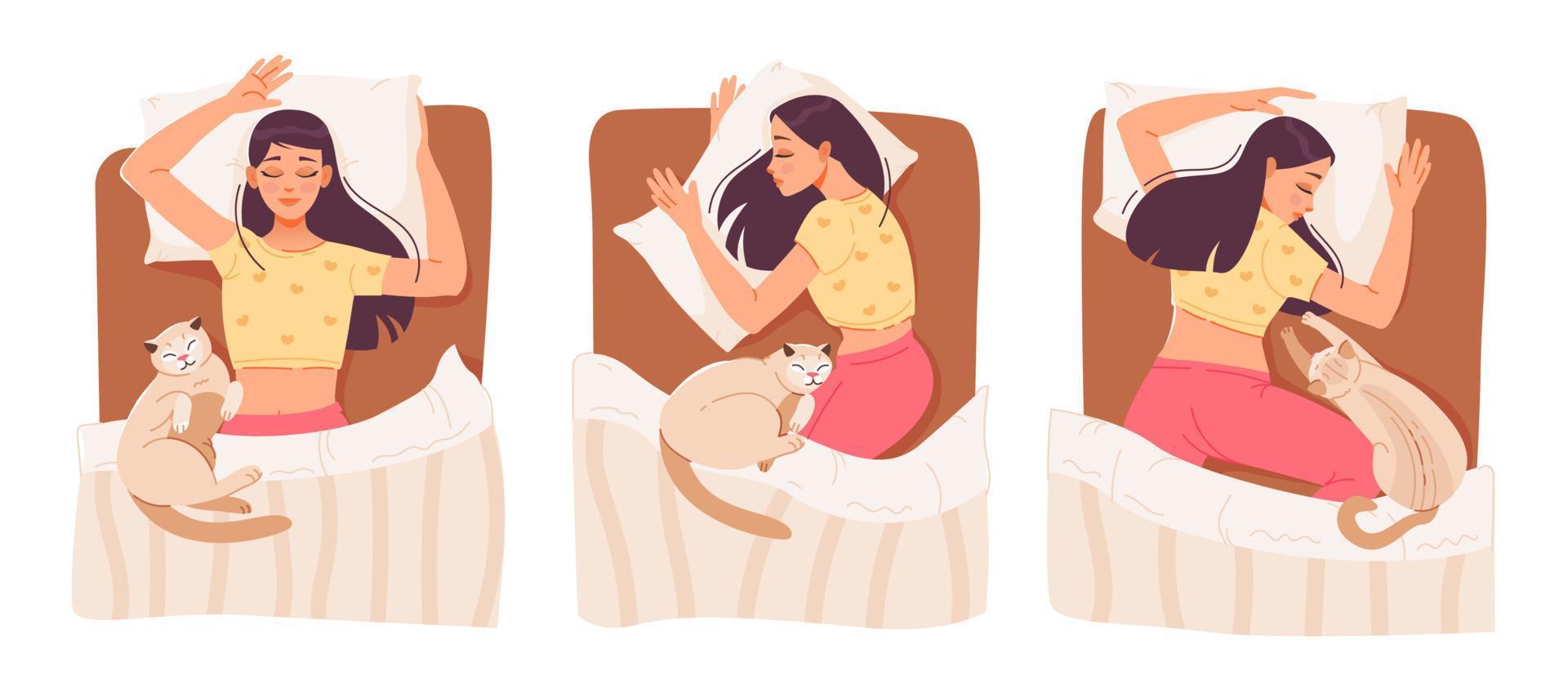 femme dormir. une ensemble de vecteur des illustrations avec une en train de dormir femme dans différent pose et sa animal de compagnie. relaxant dans le chambre à coucher.