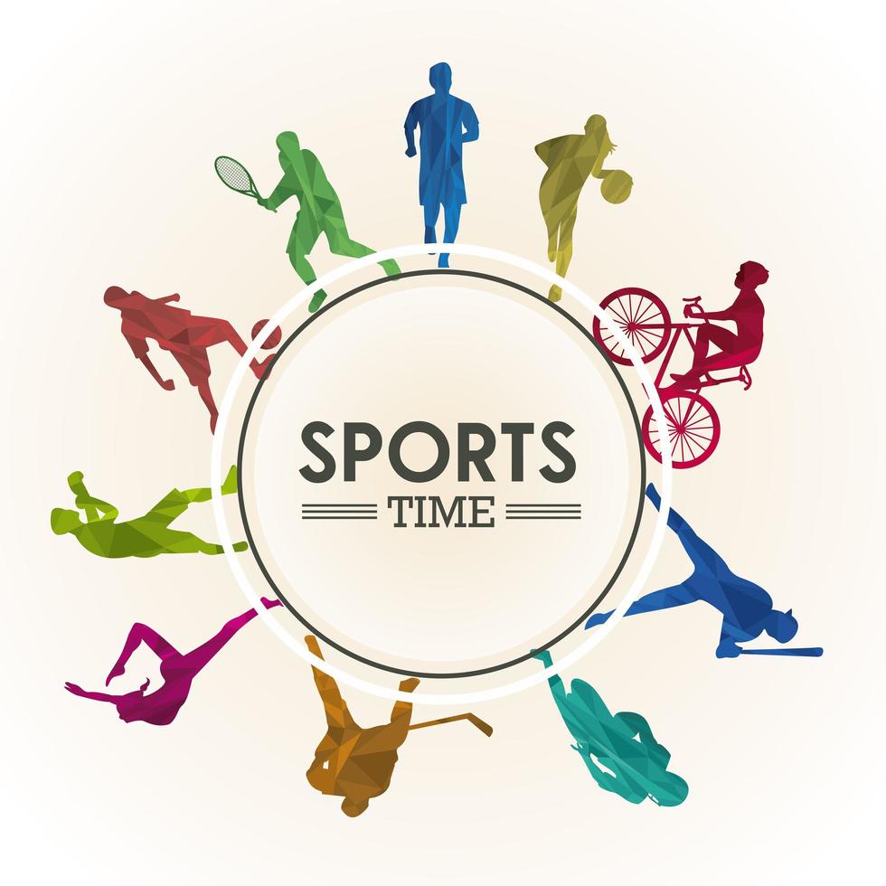 affiche de temps de sport avec des silhouettes d & # 39; athlètes dans un cadre circulaire vecteur