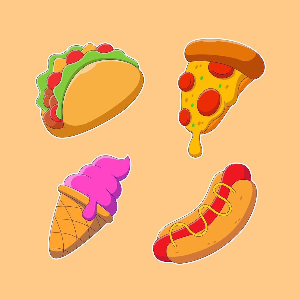 tacos, pizza, la glace crème, Hot-dog dessin animé autocollant collection vecteur