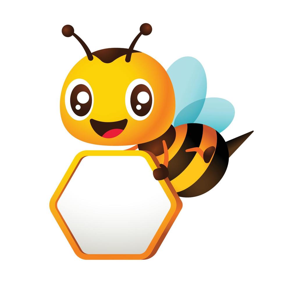 dessin animé souriant abeille en portant Vide nid d'abeille forme enseigne personnage vecteur