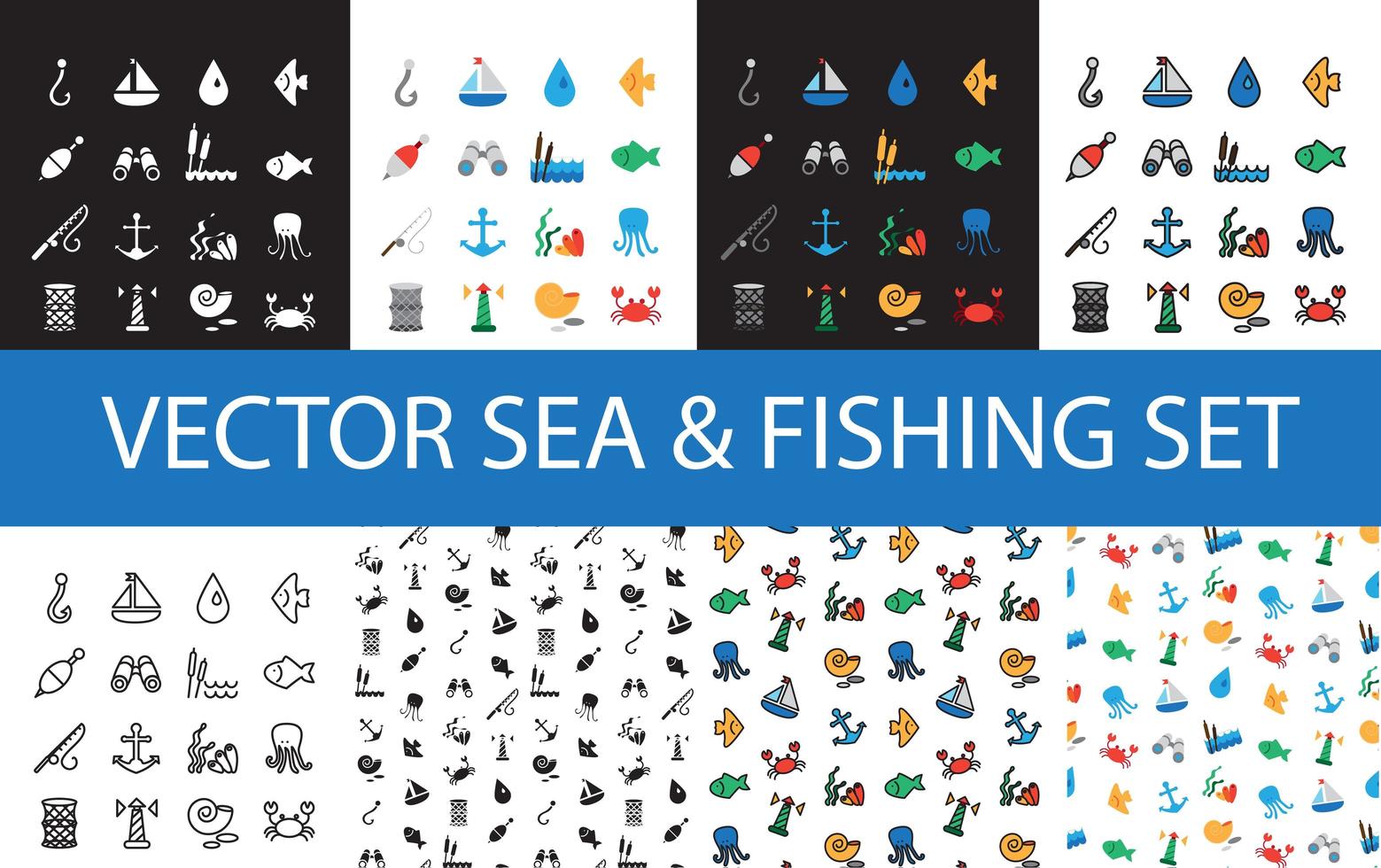 ensemble d & # 39; icônes marins et de pêche isolés vecteur