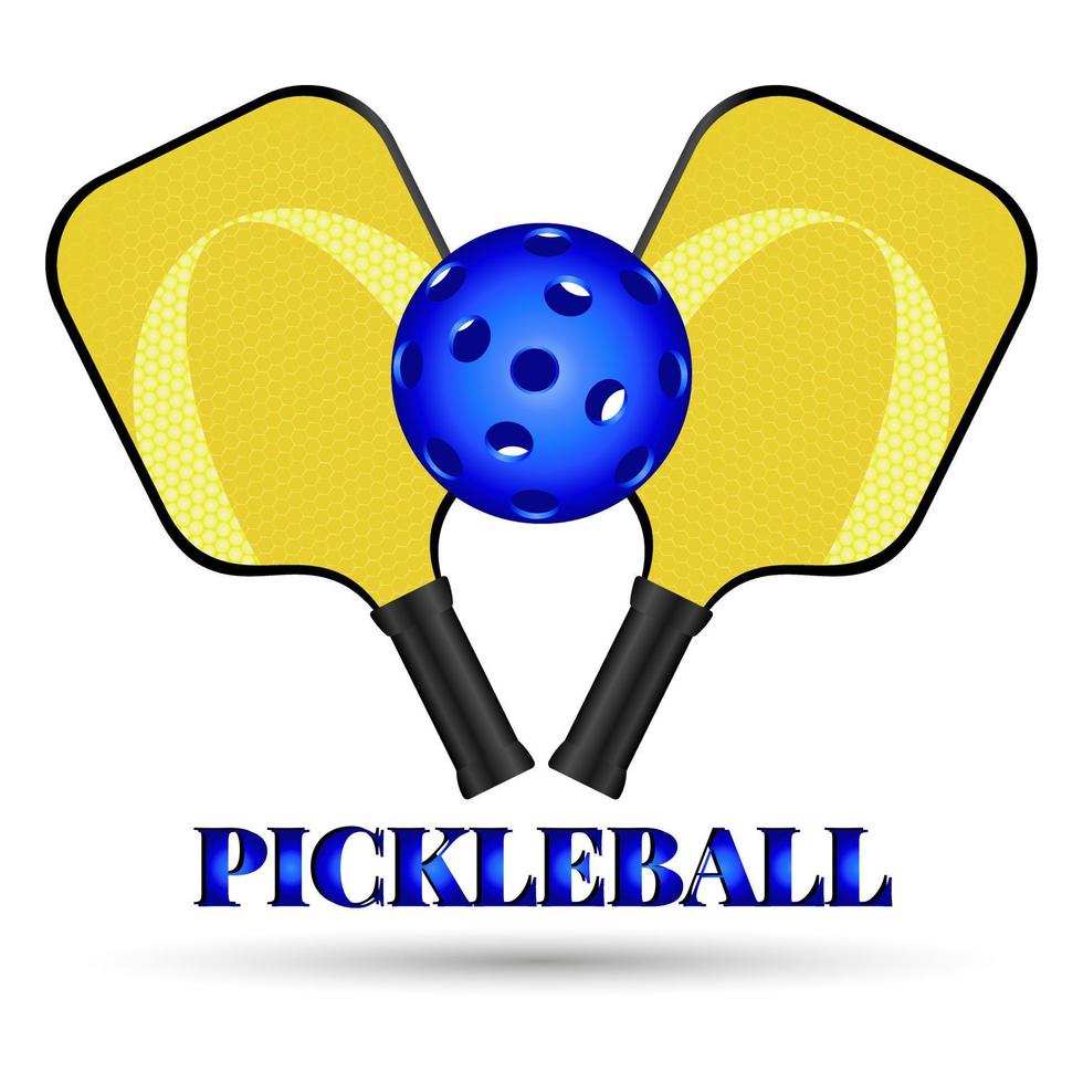 affiche pour pickleball des sports club. brillant Jaune raquettes et bleu pickleball balle. pickleball des sports équipement pour Extérieur Jeux. actif des sports pour âgé. vecteur 3d illustration sur blanc Contexte