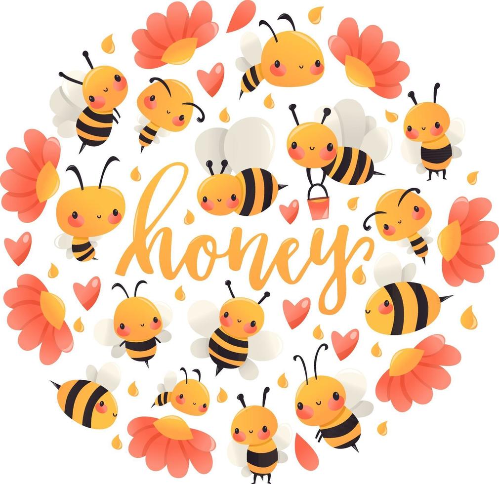 décoration ronde abeilles à miel super mignon vecteur