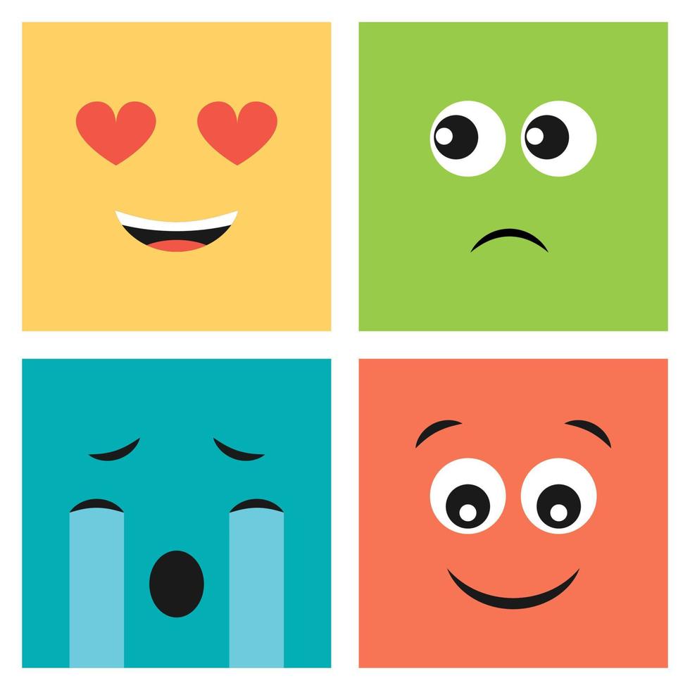 ensemble de quatre coloré émoticônes avec souriant aimer, surpris joyeux, pleurs et mécontent visages. emoji icône dans carré. plat Contexte modèle. vecteur illustration