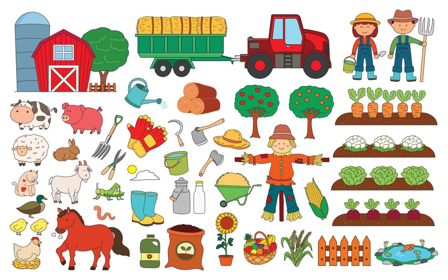 vecteur illustration Couleur les enfants de agriculture Provisions et équipement avec Les agriculteurs, Grange, animaux, et tracteur. ferme concept avec végétaux, des fruits, des légumes et autre biologique des produits