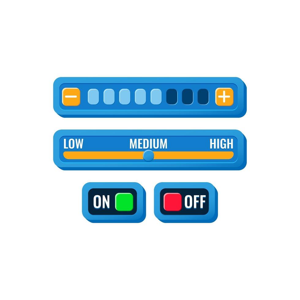 Ensemble de panneau de configuration de contrôle de l'interface utilisateur du jeu bleu avec bouton marche / arrêt et menu de progression pour les éléments d'actif de l'interface graphique vecteur