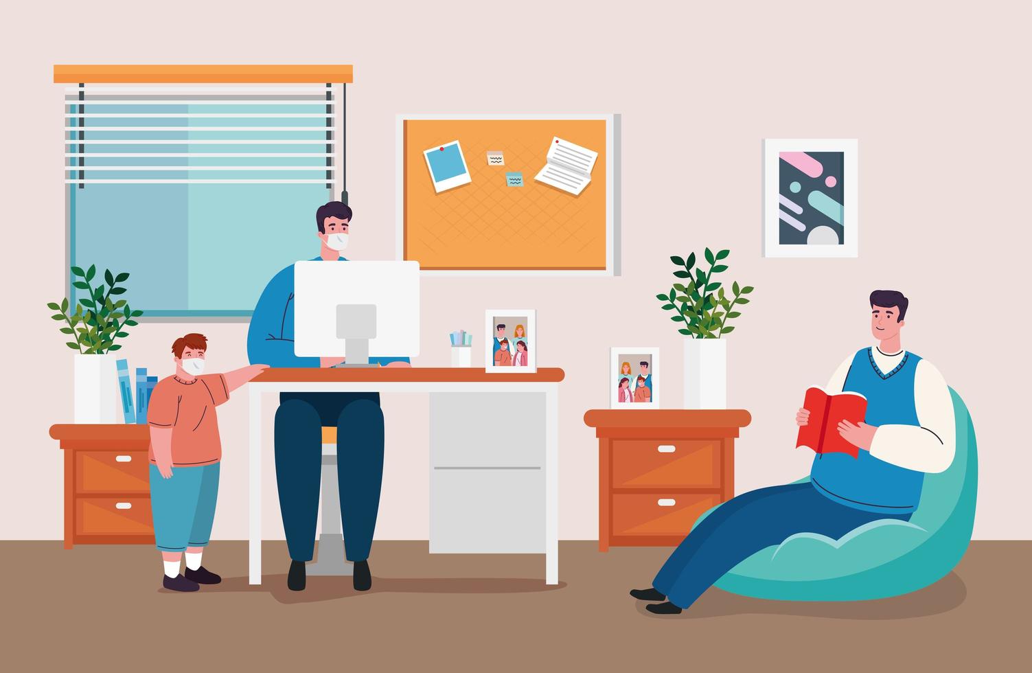 prévention des coronavirus au bureau à domicile avec un homme travaillant avec sa famille vecteur