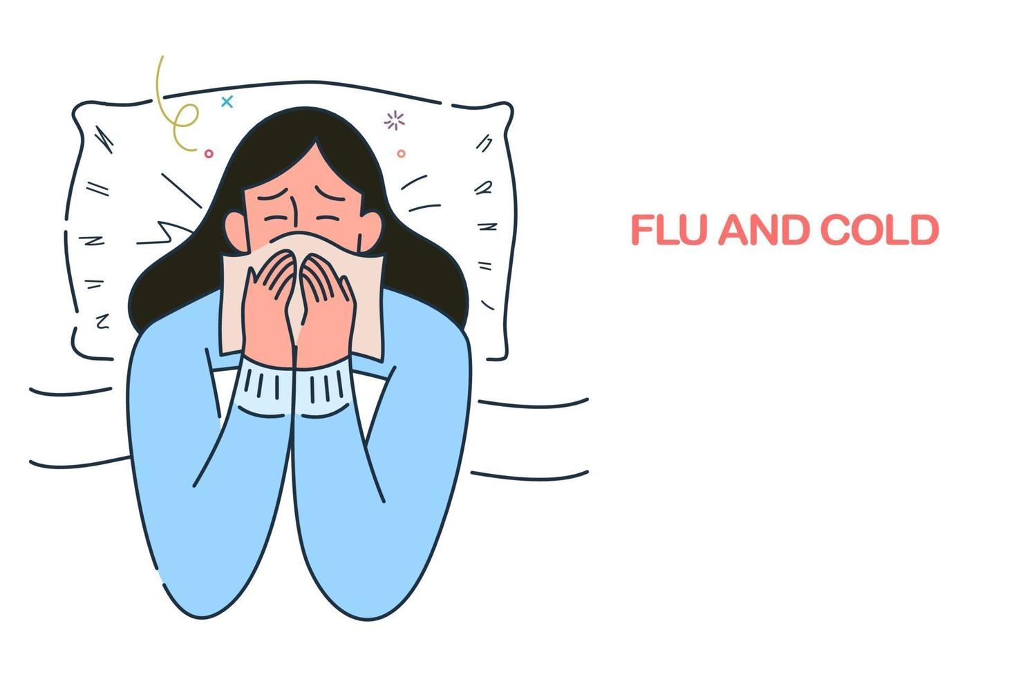 femme malade couchée dans son lit avec la grippe et le froid sous la couverture, les infections saisonnières allergiques, illustration vectorielle de style dessiné à la main. vecteur