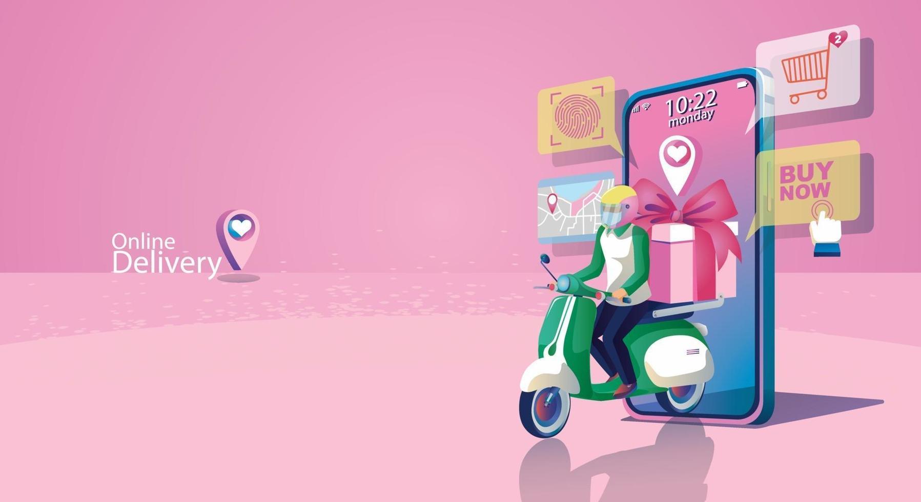 concept d'achat en ligne, application de site Web ou de téléphonie mobile, livraison et marketing numérique. maquette de smartphone, livraison rapide. Shopping 24 heures sur 24, beau ton rose de la Saint-Valentin, vecteur