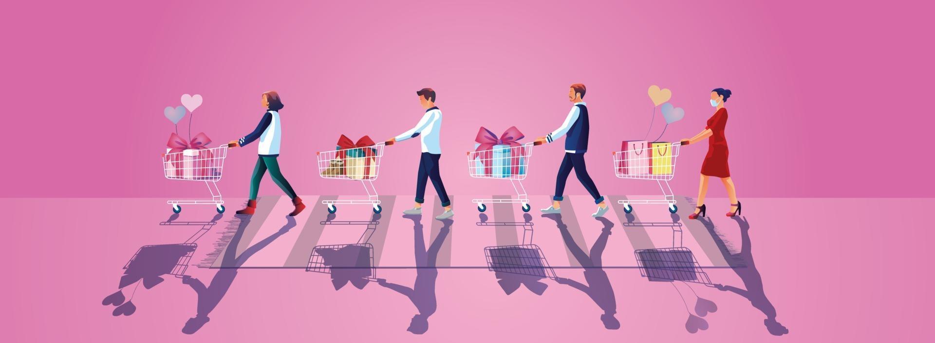 les jeunes prennent un panier et apprécient les achats en ligne via les smartphones, choisissent d'acheter des cadeaux site Web de concepts de la Saint-Valentin ou une application de téléphonie mobile, illustration vectorielle design plat vecteur