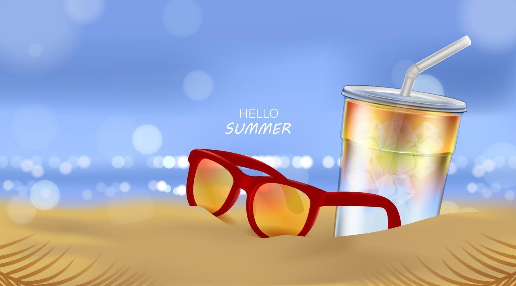 plage d'été et soleil de la mer, cocktail de soda et lunettes de soleil sur fond de plage en illustration 3d vecteur