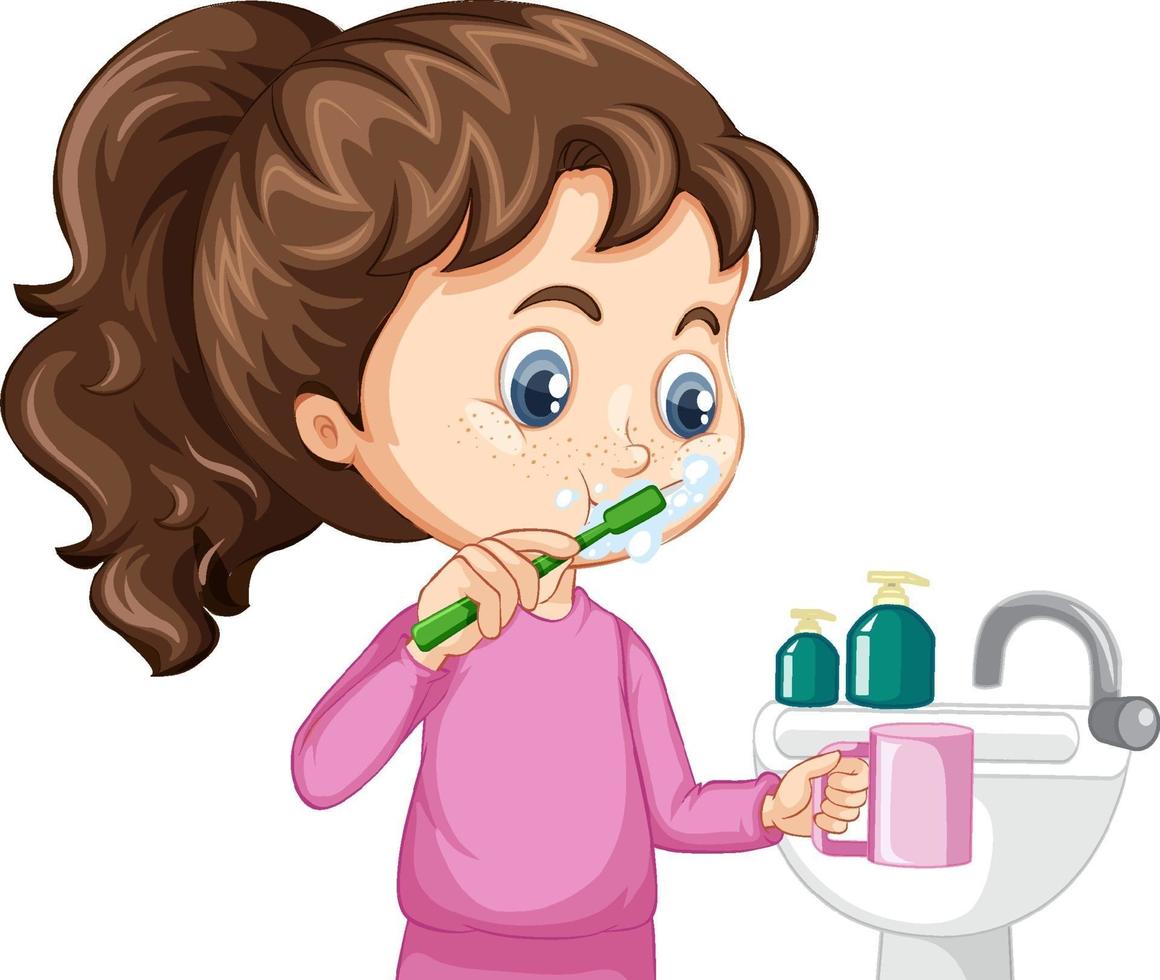 un personnage de dessin animé fille se brosser les dents avec évier vecteur