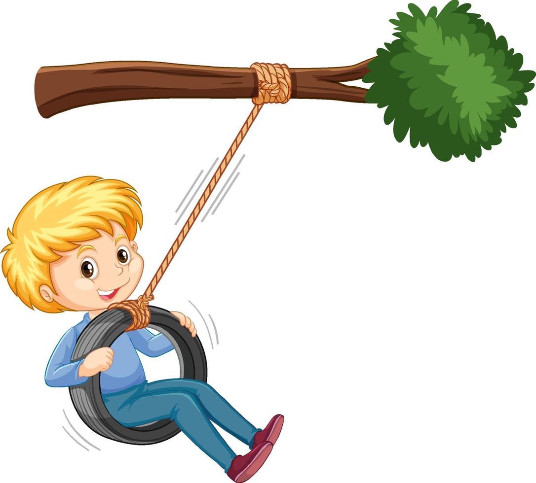 Garçon jouant le swing de pneu sous la branche sur fond blanc vecteur