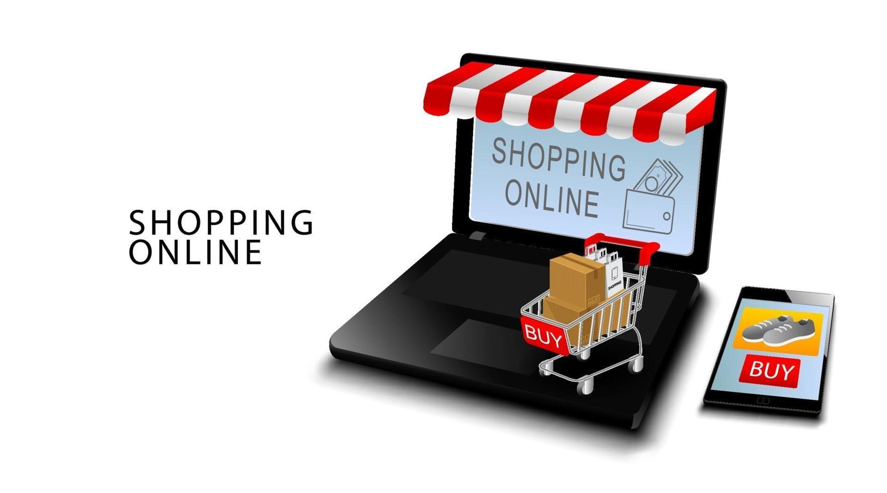 concept de magasinage en ligne, smartphone et ordinateur portable avec cartes de crédit, produits sur panier avec fond blanc isolé vecteur