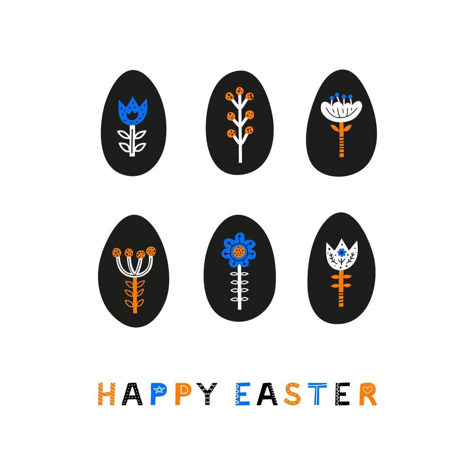 affiche content Pâques avec scandinave fleurs, baies dans des œufs et caractères. vecteur