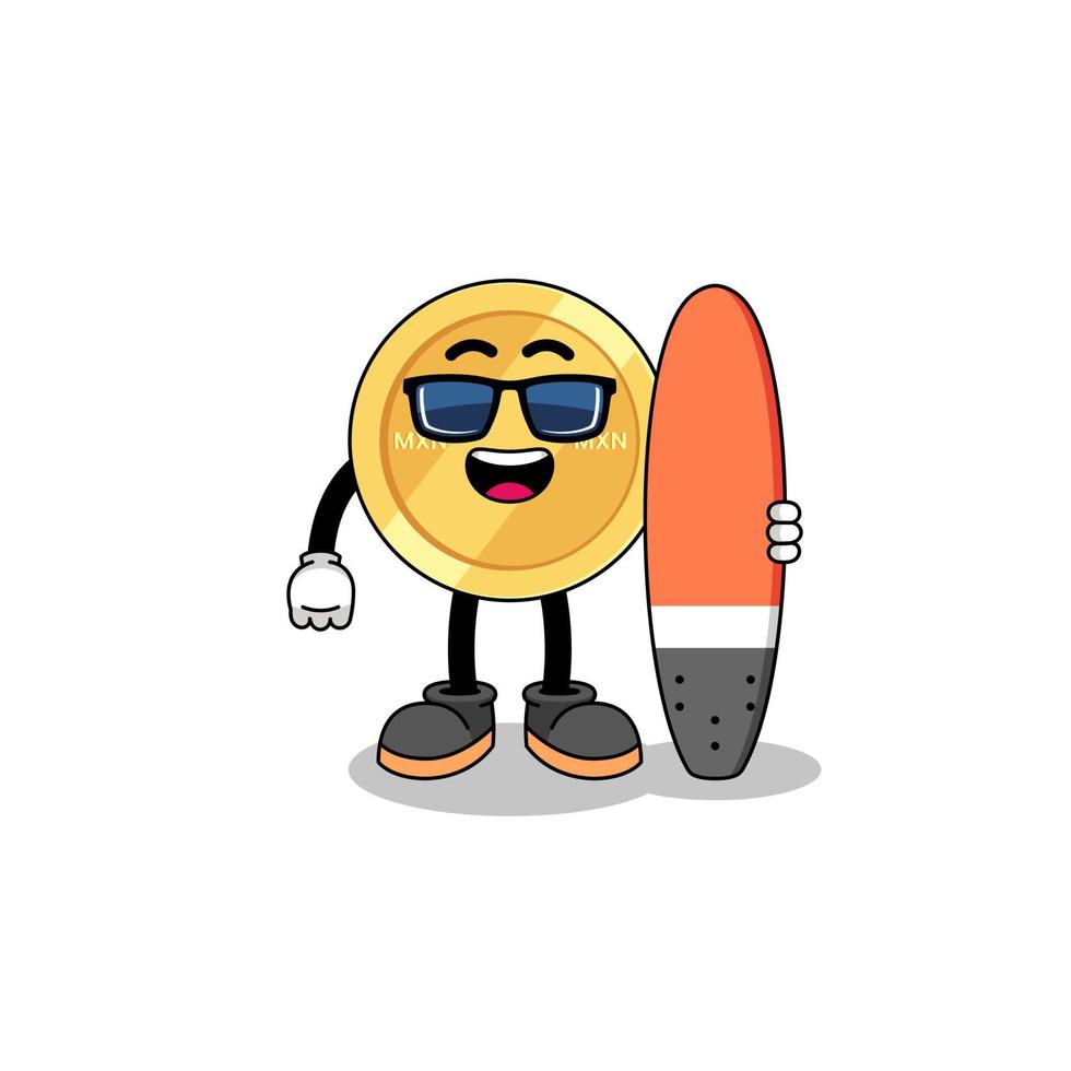 mascotte dessin animé de mexicain peso comme une surfeur vecteur