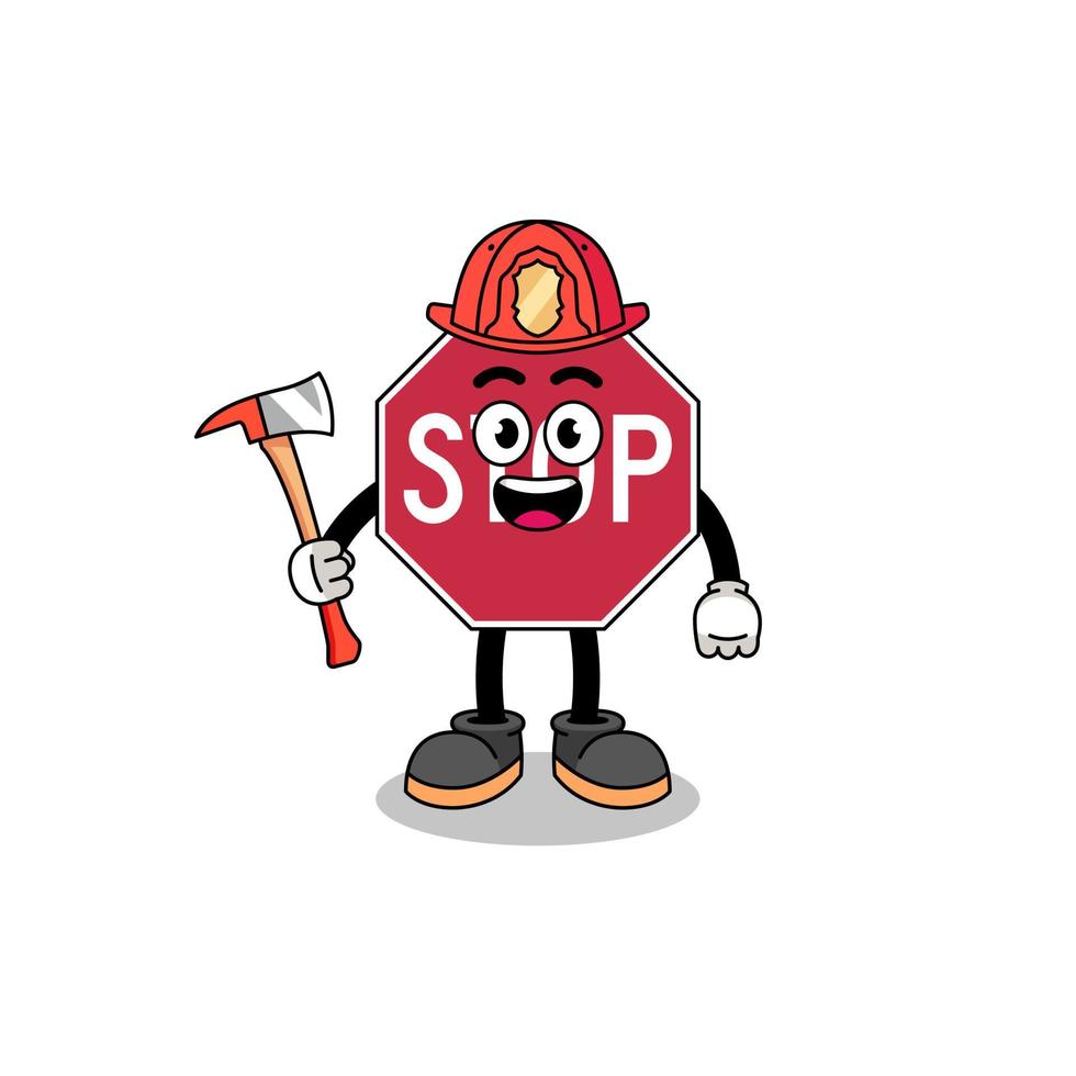 dessin animé mascotte de Arrêtez route signe sapeur pompier vecteur
