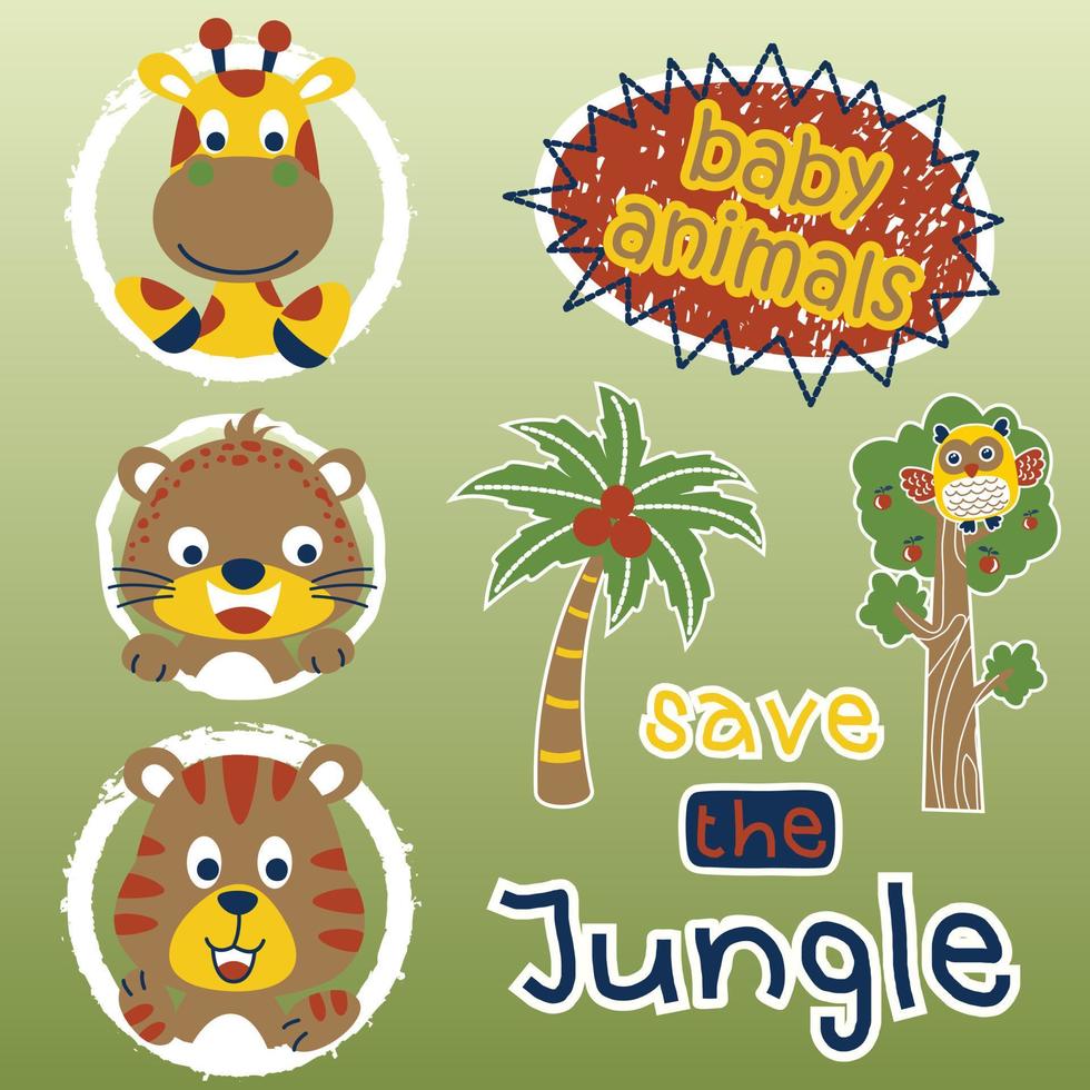 sourire visage de mignonne animaux avec jungle éléments, vecteur dessin animé illustration