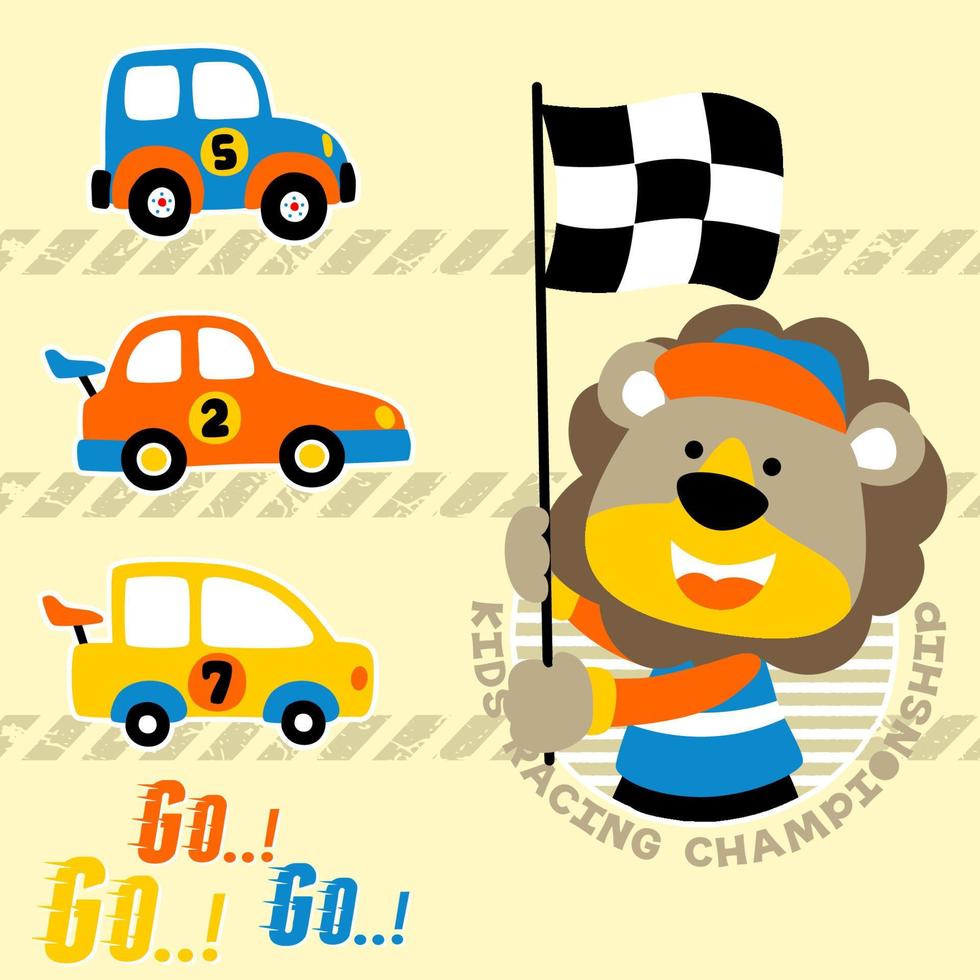 voiture courses dessin animé avec une mignonne lion, vecteur dessin animé illustration